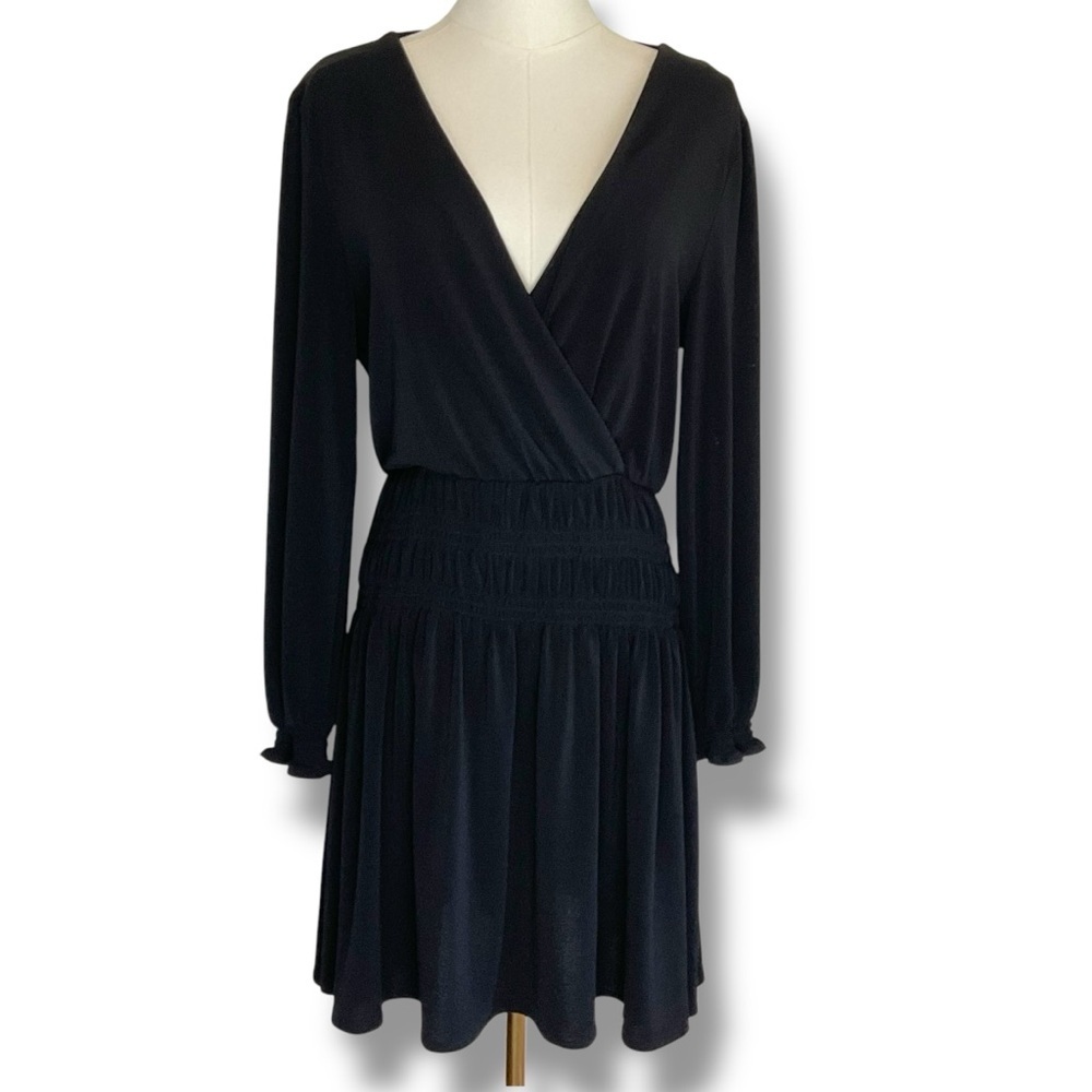 Mango‎ Dress Drop Waist Black Wrap Smocked V Neck Midi Cocktail Size Medium